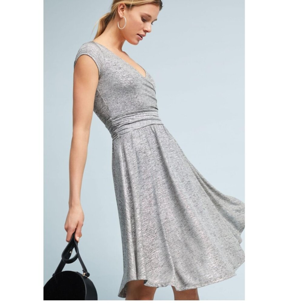 NEW Anthroplogie Maeve Tamera Serplice Wrap Dress Metallic Silver V Neck Midi
